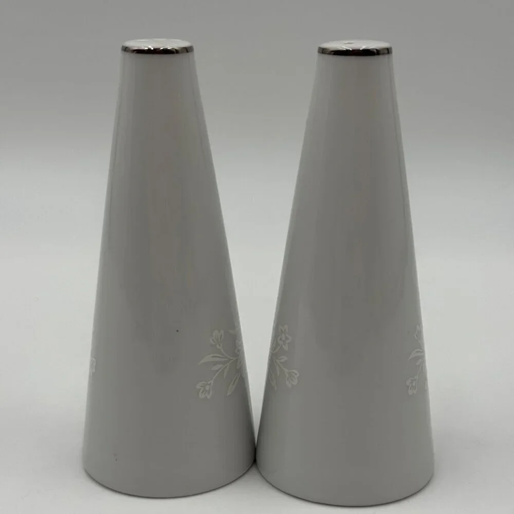White Filigree Flower Sprays on White by Parkleigh Salt & Pepper Shaker Set Made